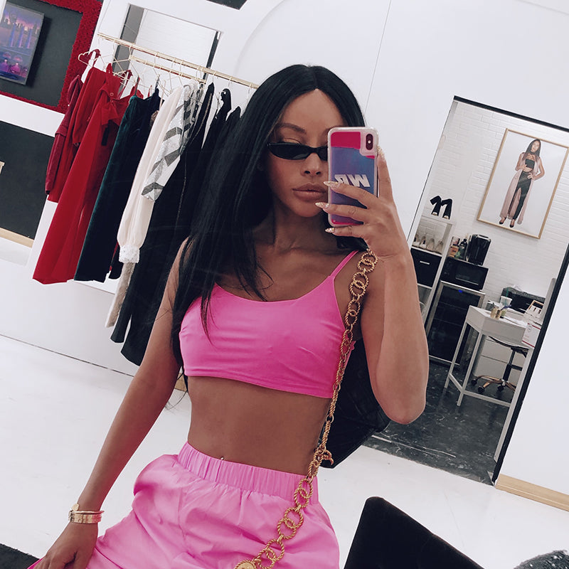 California Barbie Style Sexy Sports Casual Fluorescent Pink Vest + Cargo Jogger Pants Suit