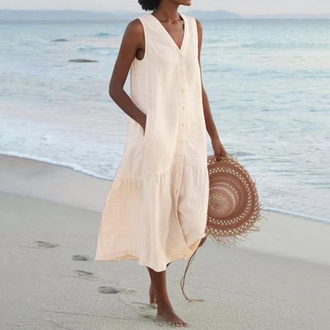 Women's Solid Maxi Dress, Summer, Sleeveless, V Neck, Vintage Cotton Linen Sundress With Pockets