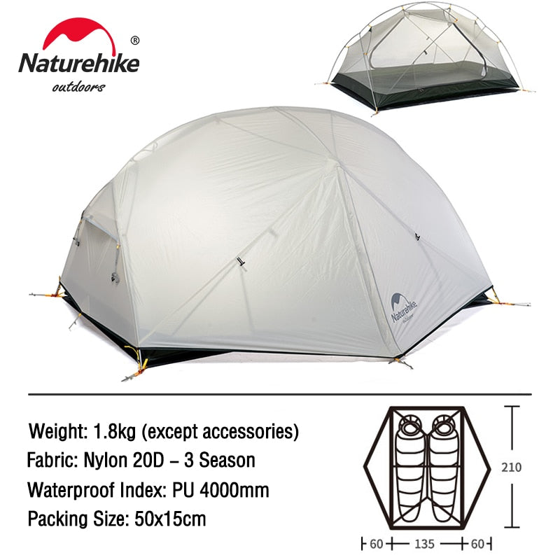 Naturehike Mongar 2 Tent,2 Person Backpacking Tent 20D Ultralight Tent, Waterproof Camping Tent