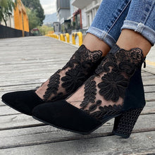 Load image into Gallery viewer, High Heels ,Lace Flower Ankle Strap Hollow Out Sandals, Round Toe Zip Pumps
