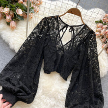 Load image into Gallery viewer, Black/White/Brown Sexy Lace Blouse, Elegant V-Neck Puff Long Sleeve Open Back Short Top
