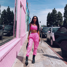 Load image into Gallery viewer, California Barbie Style Sexy Sports Casual Fluorescent Pink Vest + Cargo Jogger Pants Suit
