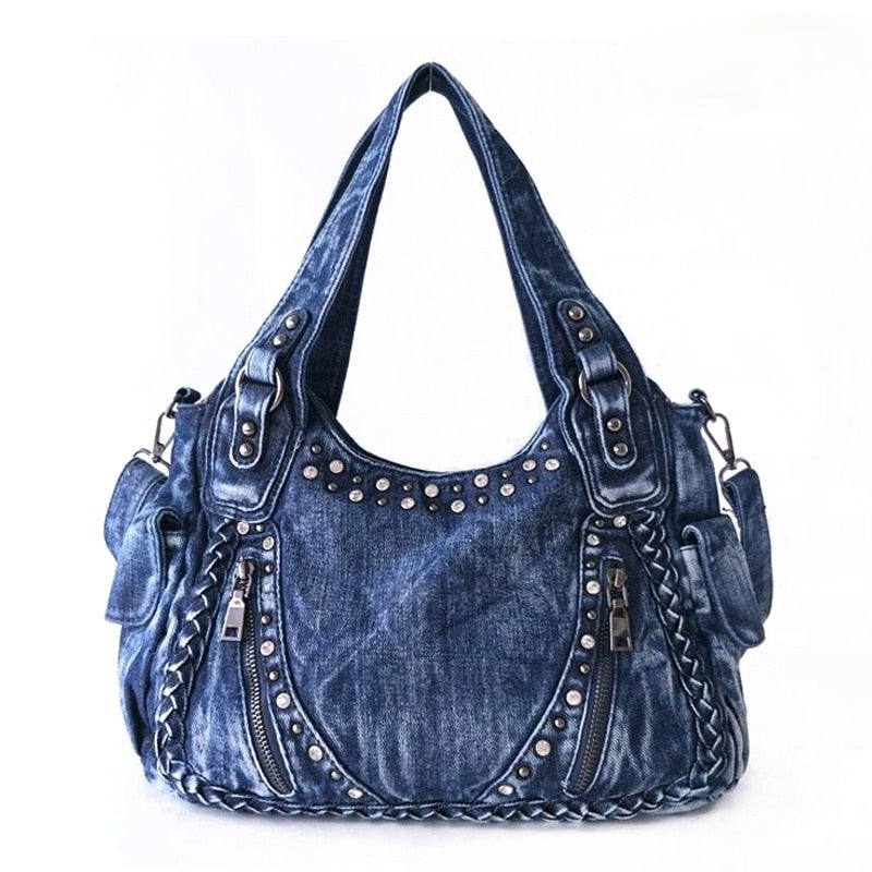 Fashion Denim Women Shoulder Bag, Jeans Weave Rivet Tote Bag.