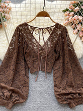 Load image into Gallery viewer, Black/White/Brown Sexy Lace Blouse, Elegant V-Neck Puff Long Sleeve Open Back Short Top
