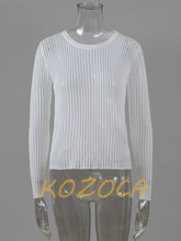 Load image into Gallery viewer, White Elegant Striped, See Through Women Top, Long Sleeve T-Shirts
