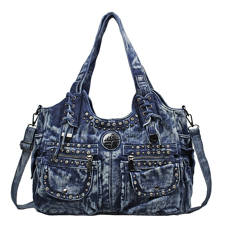 Jean Bag, Women Shoulder Bag, Vintage Rivet Decoration Denim Tote Bag Large Capacity