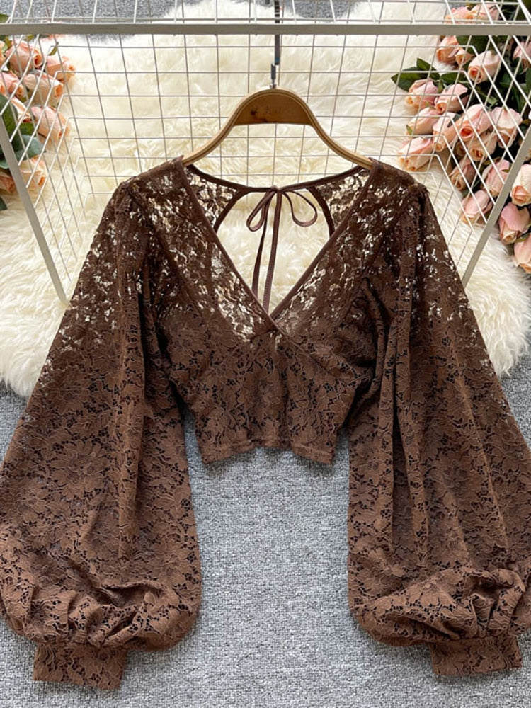 Black/White/Brown Sexy Lace Blouse, Elegant V-Neck Puff Long Sleeve Open Back Short Top