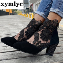 Load image into Gallery viewer, High Heels ,Lace Flower Ankle Strap Hollow Out Sandals, Round Toe Zip Pumps
