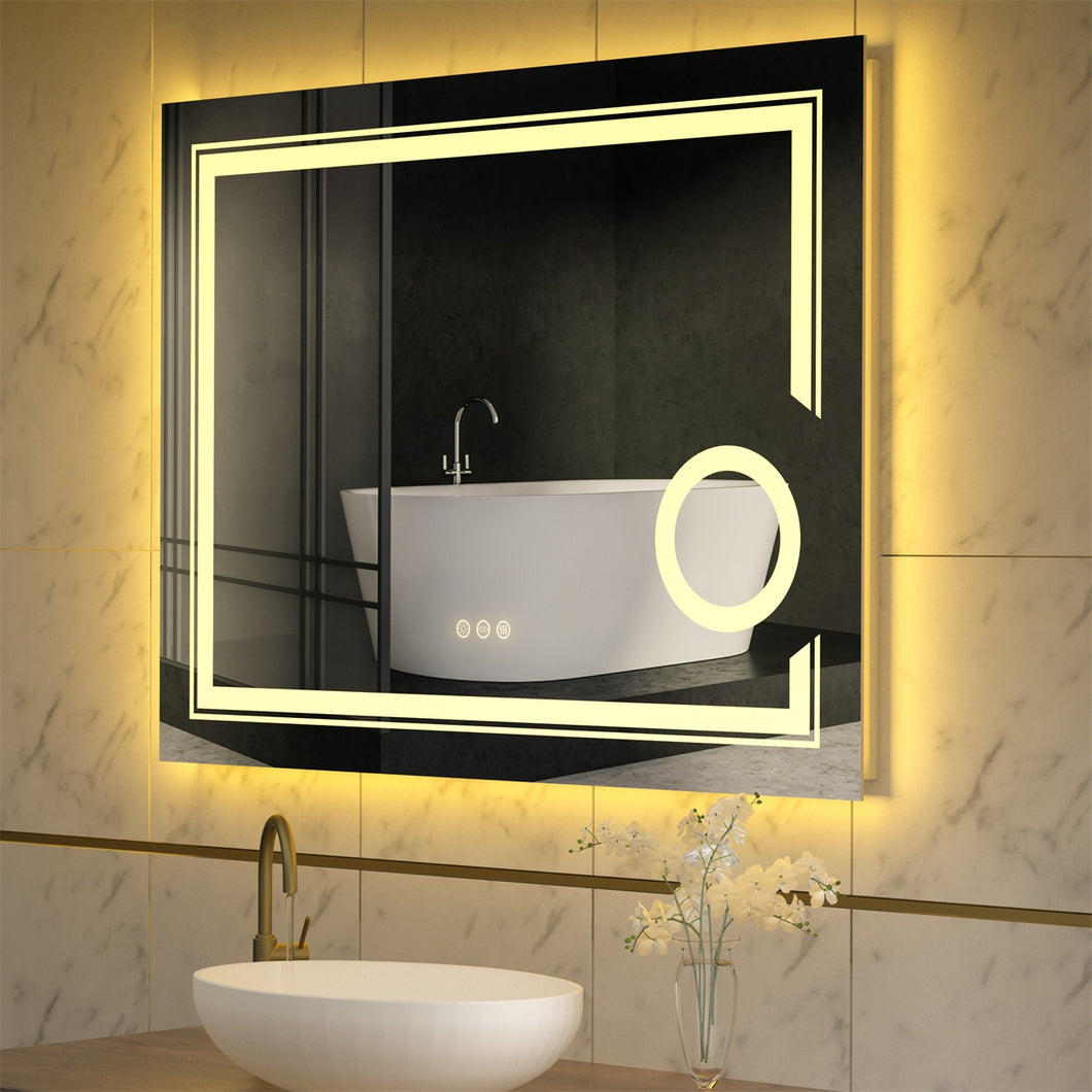 LED Lighted Smart Bathroom Mirror,3X Lighted Magnifier Wall Mounted White Light, Dimmable Anti-Fog