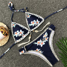 Load image into Gallery viewer, High Waist Thong Bikini for Women, Hand Crochet Print Bikini, Women Knitted Shell Swimsuit
