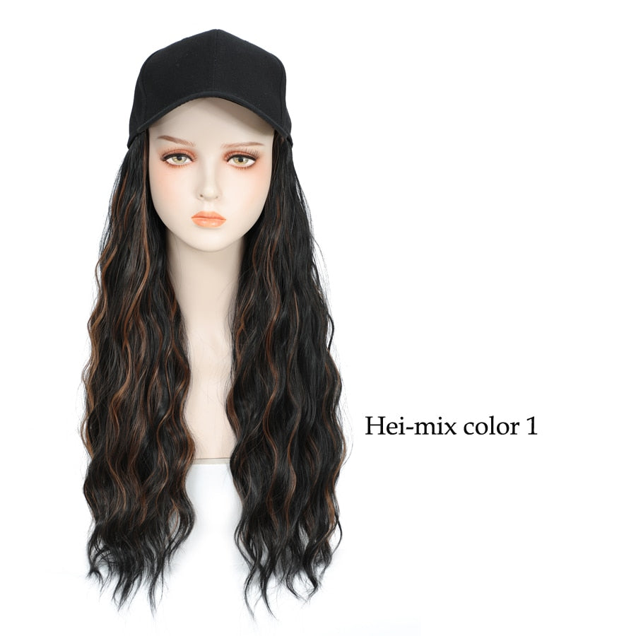 synthetic Wavy Wig, Baseball Cap With Body Wave Hair Extensions, Black, Brown, Blonde color
