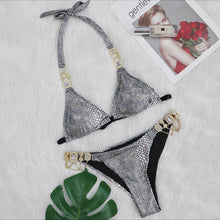 Load image into Gallery viewer, Crystal Bikini Set, Bandage Velvet Pink Swimwear, Sexy Bikini Gold Crystal Stone Beach Wear

