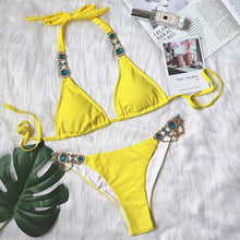Load image into Gallery viewer, Crystal Bikini Set, Bandage Velvet Pink Swimwear, Sexy Bikini Gold Crystal Stone Beach Wear
